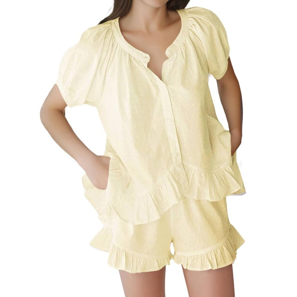 Short Sleeve Button Down Ruffle Trim Top And Shorts, Size XL, 8L-192Set001